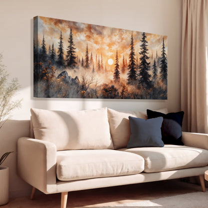 Landscape canvas wall art showing pine trees, misty hills, and a glowing moon at sunset.