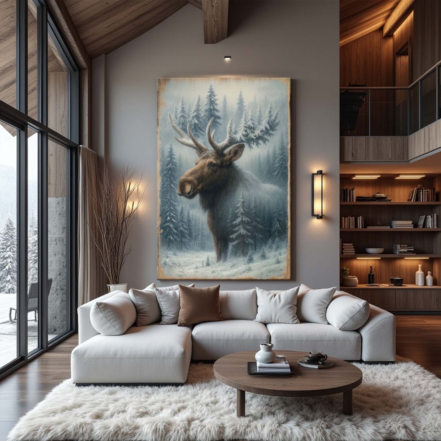 Moose double-exposure wall art canvas with blue pine trees above sofa