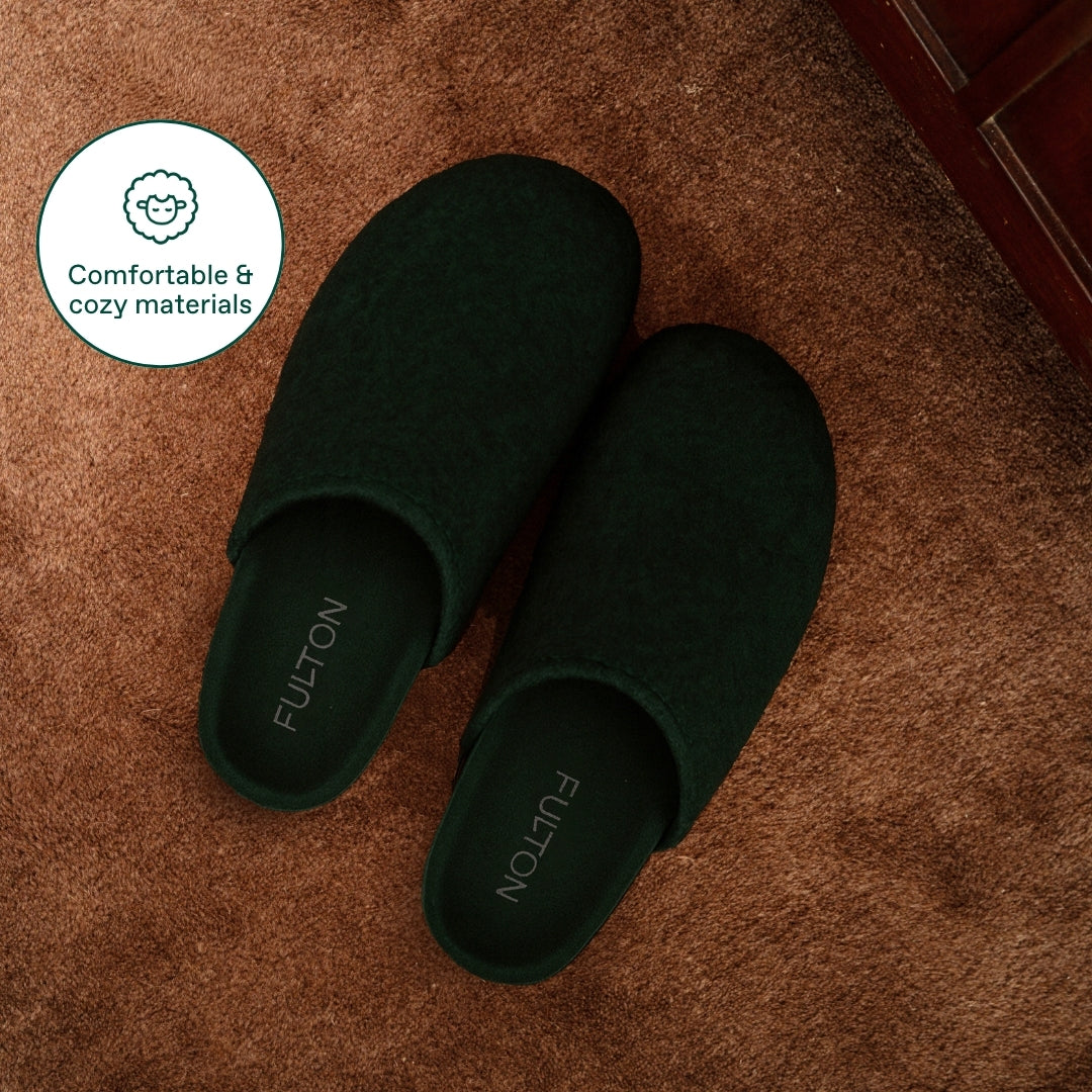 Forest green open-heel house slippers with cushioned insole and FULTON logo.