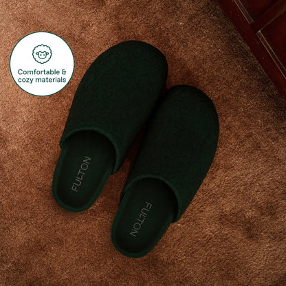 Forest green open-heel house slippers with cushioned insole and FULTON logo.