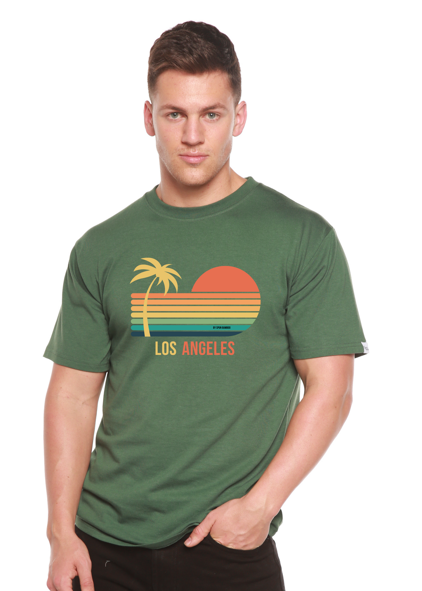 Dark green unisex graphic short-sleeve T-shirt with palm, sunset, and “Los Angeles” print