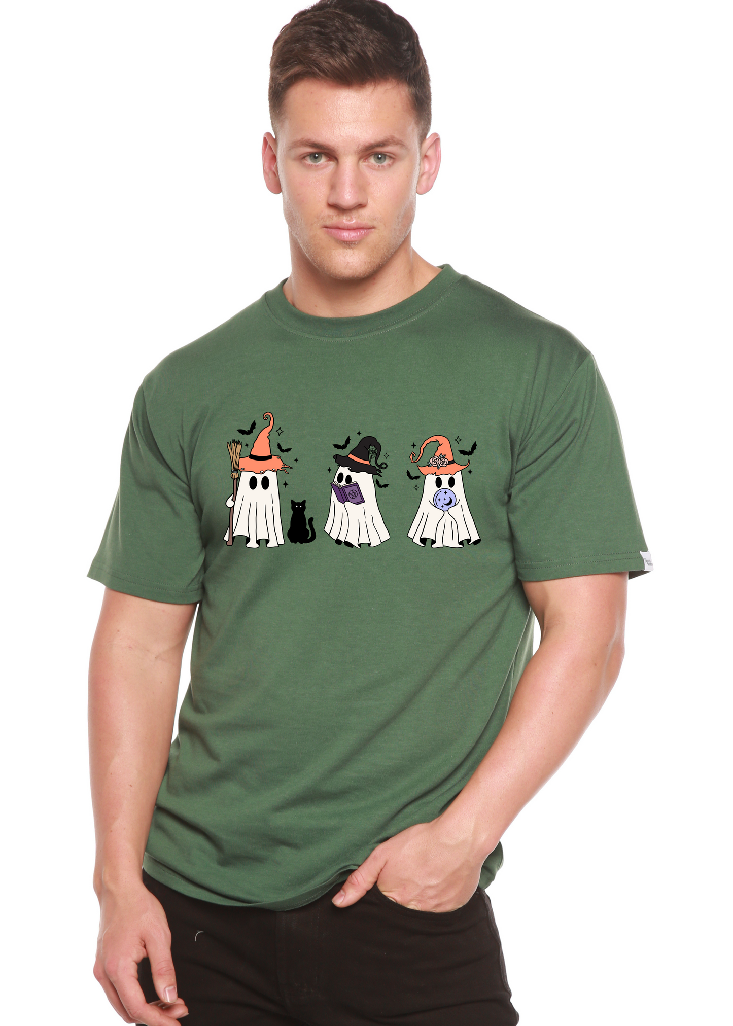 Men's short-sleeve T-shirt in green with cartoon Halloween costume graphic across chest