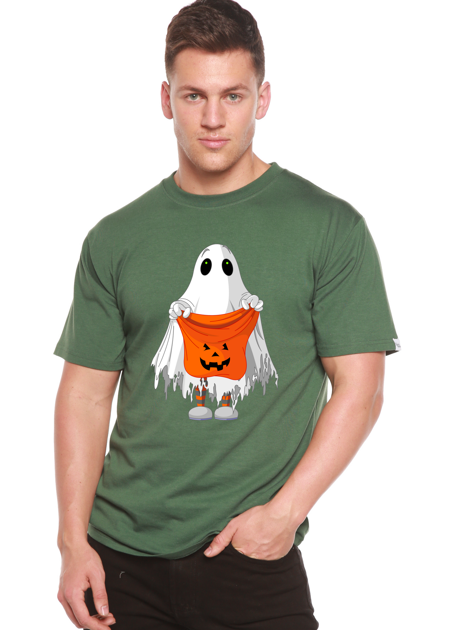 Men's green short-sleeve graphic t-shirt with ghost holding orange jack-o'-lantern bucket