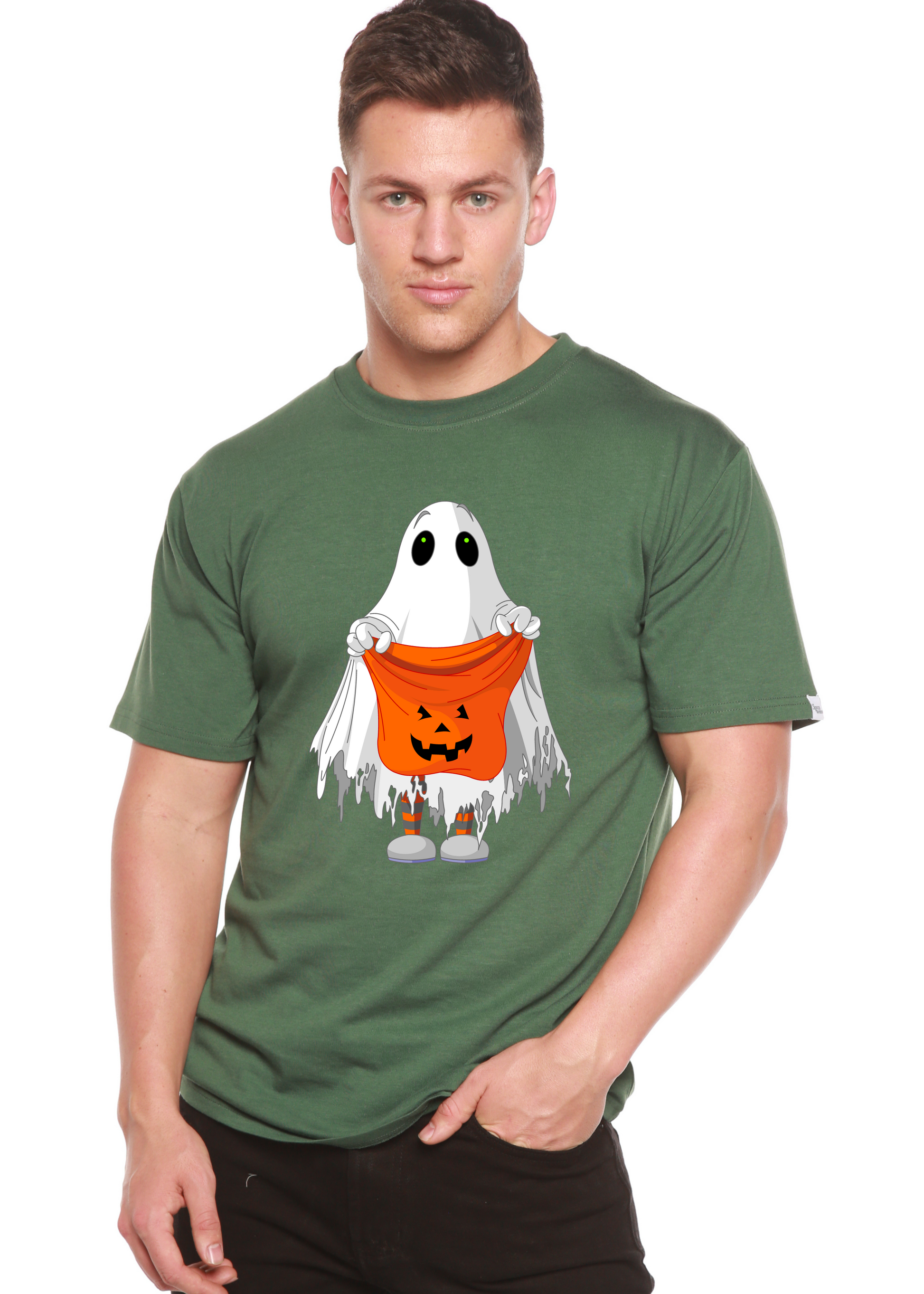 Men's green short-sleeve graphic t-shirt with ghost holding orange jack-o'-lantern bucket