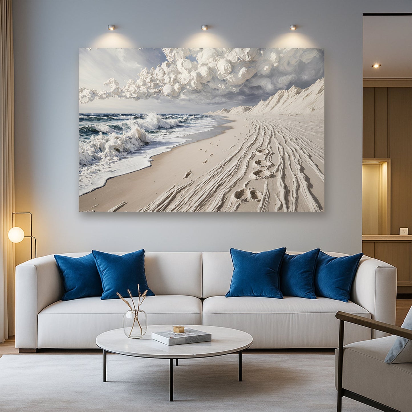 Sand beach wall art canvas with ocean surf and curving footprints