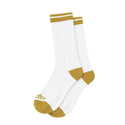 White boot socks with yellow ribbed cuffs and yellow toe heel accents