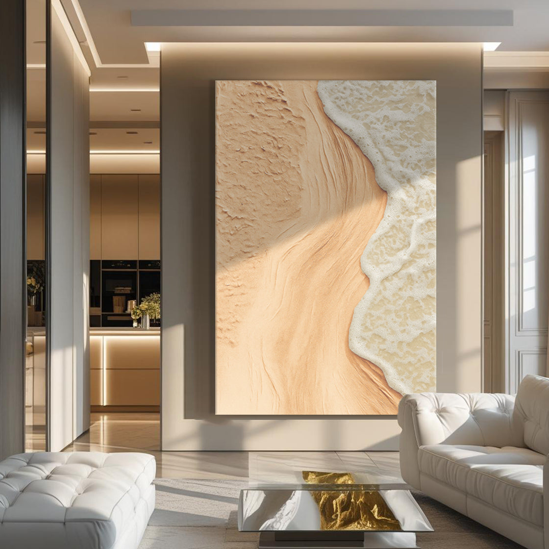 Beige coastal wall art canvas with sandy shoreline and textured white surf