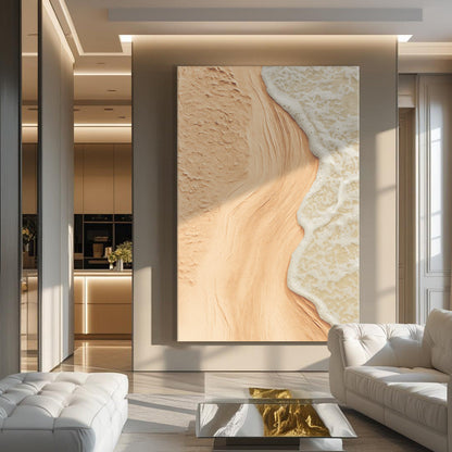 Beige coastal wall art canvas with sandy shoreline and textured white surf