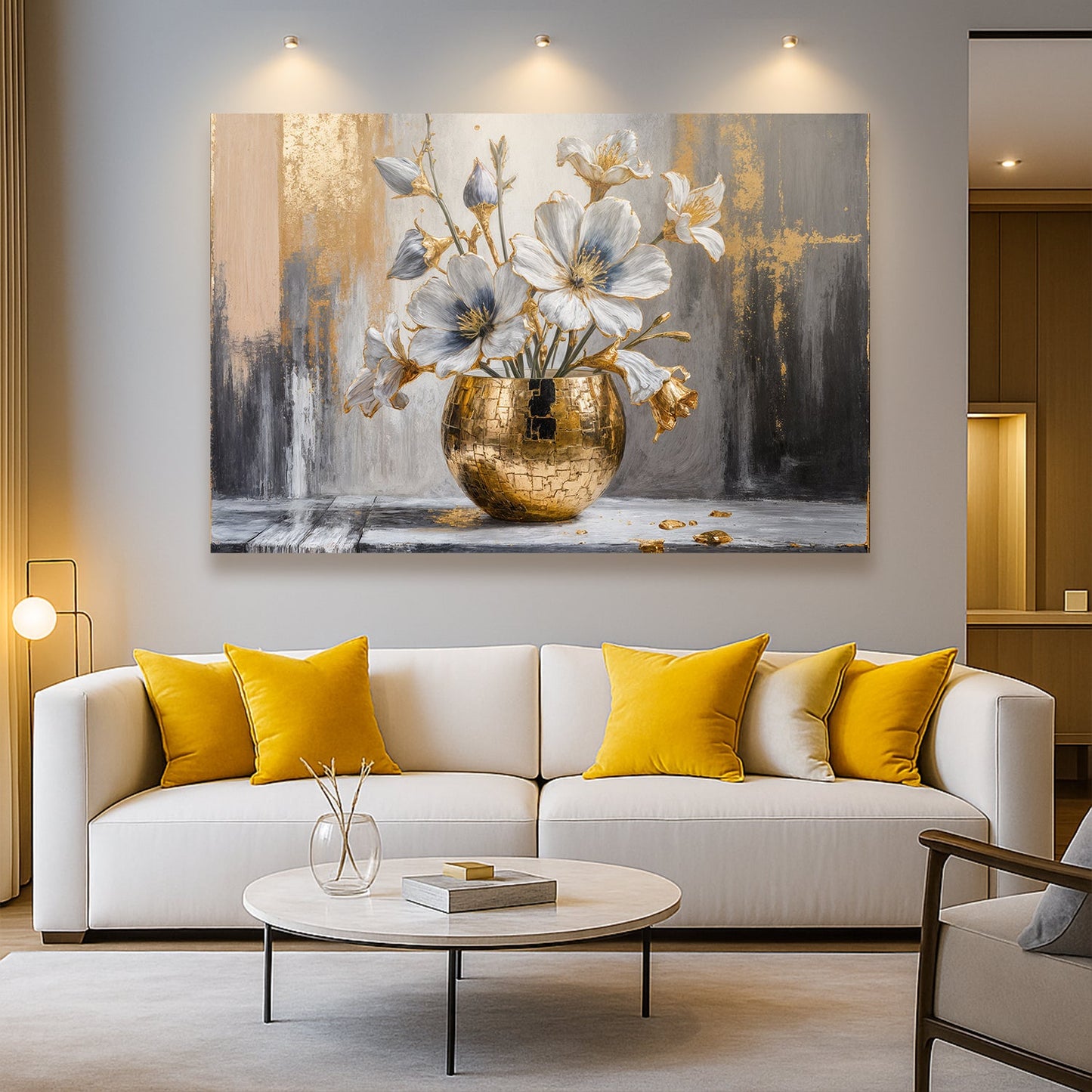 Abstract canvas wall art featuring blue-white flowers in a gold vase with gold accents