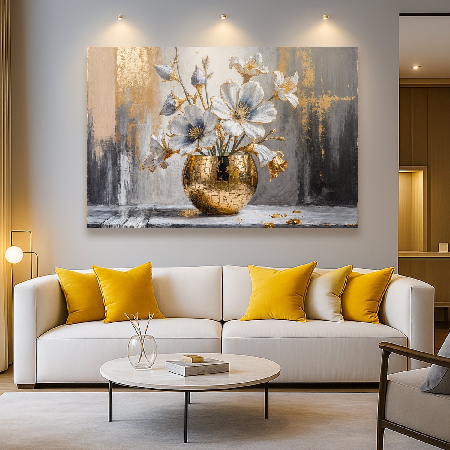 Abstract canvas wall art featuring blue-white flowers in a gold vase with gold accents