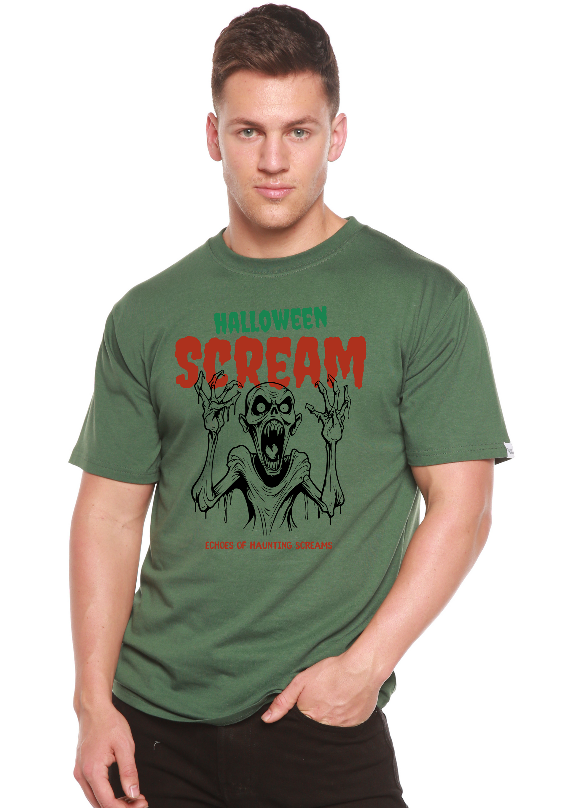 Men's dark green Halloween graphic T-shirt with screaming monster front print