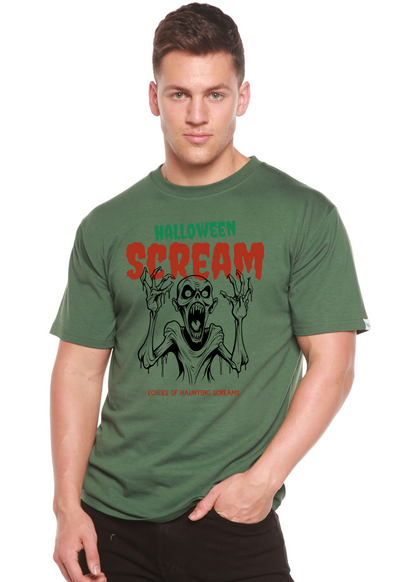 Men's dark green Halloween graphic T-shirt with screaming monster front print