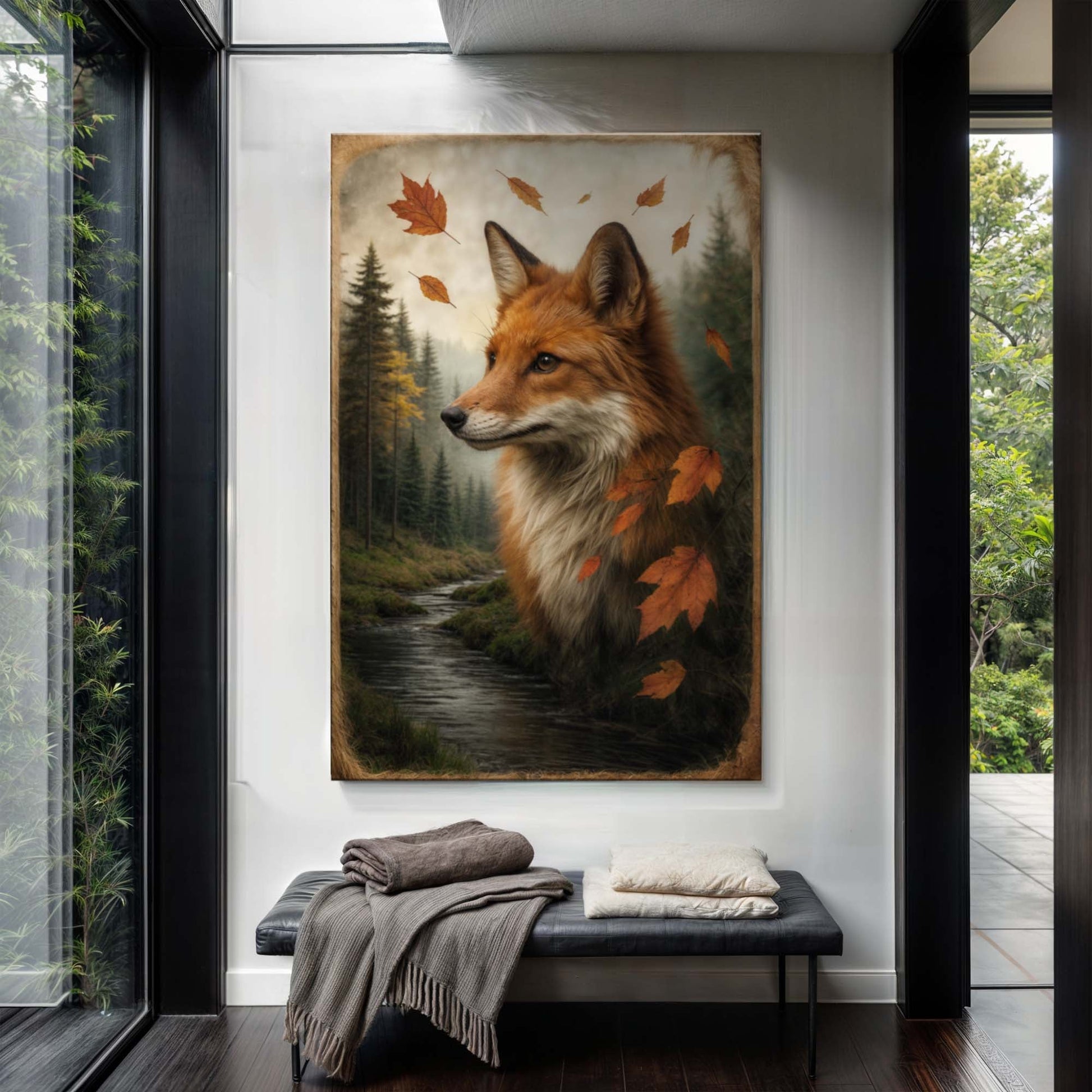 Vertical autumn fox canvas wall art with trees, winding path, and orange leaves overlay