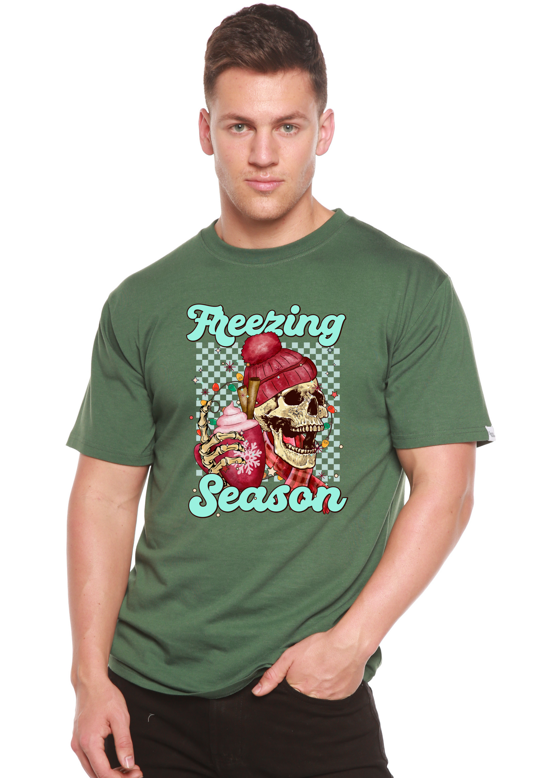 Green short sleeve T-shirt with “Freezing Season” skull graphic on chest.