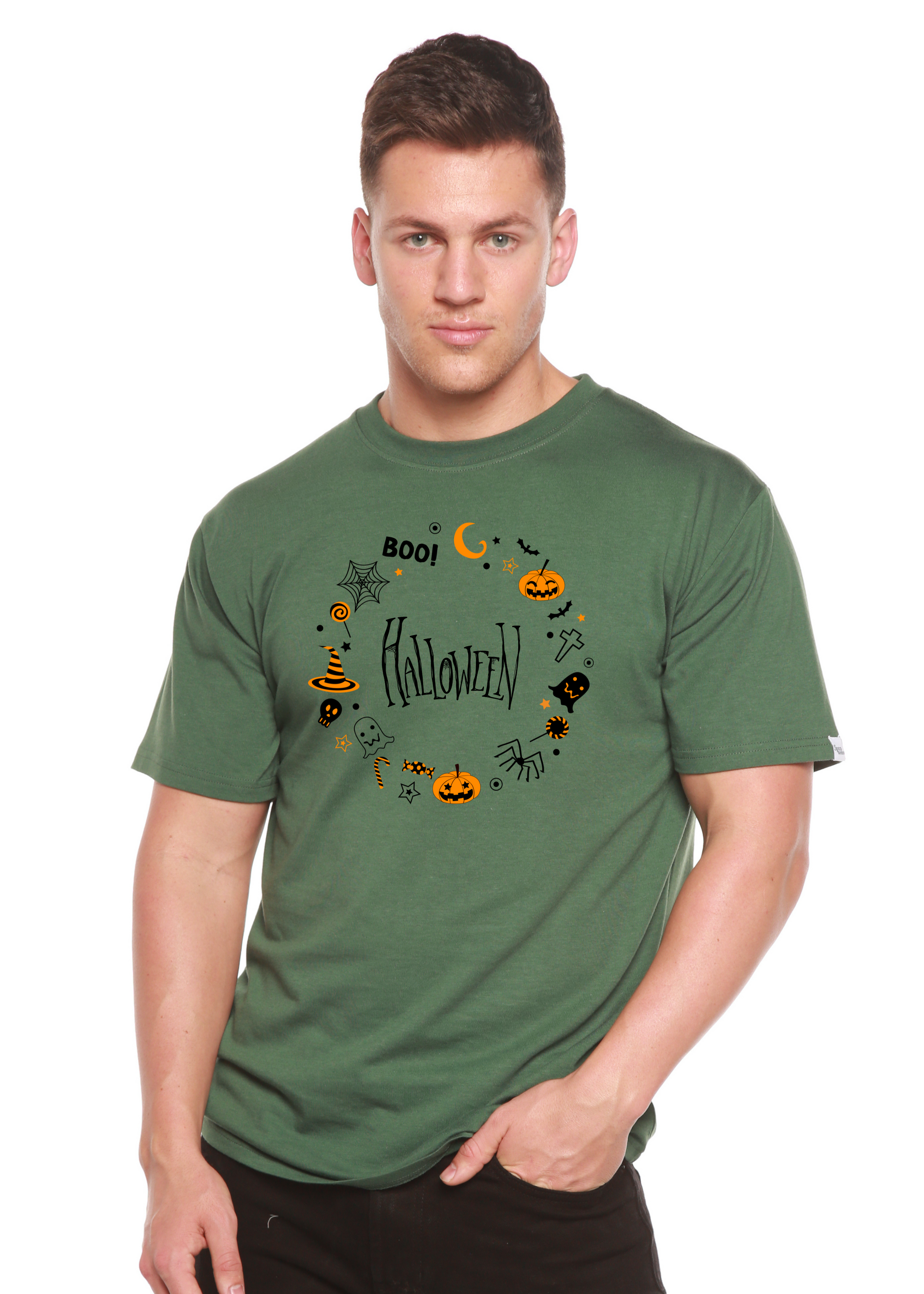 Men's dark green Halloween graphic t-shirt with circular pumpkin skeleton print