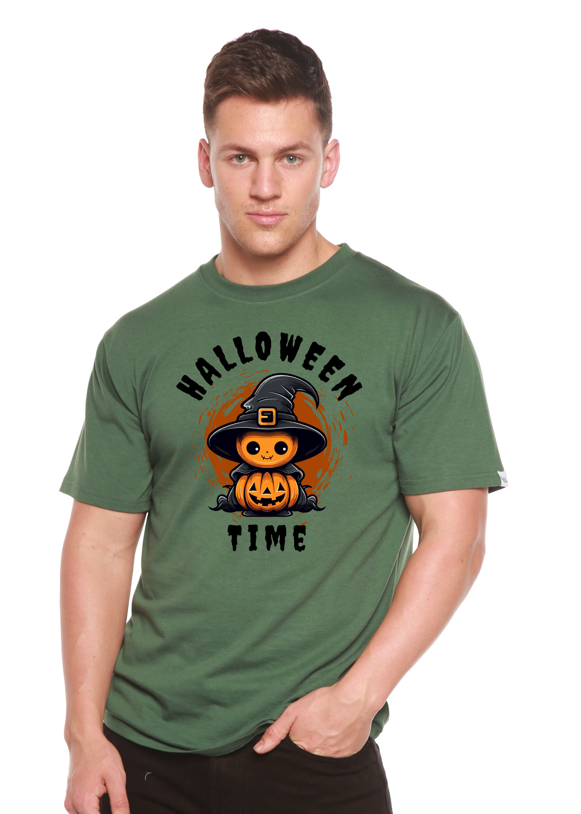 Green unisex short-sleeve T-shirt with Halloween Time witch-and-pumpkin graphic on chest