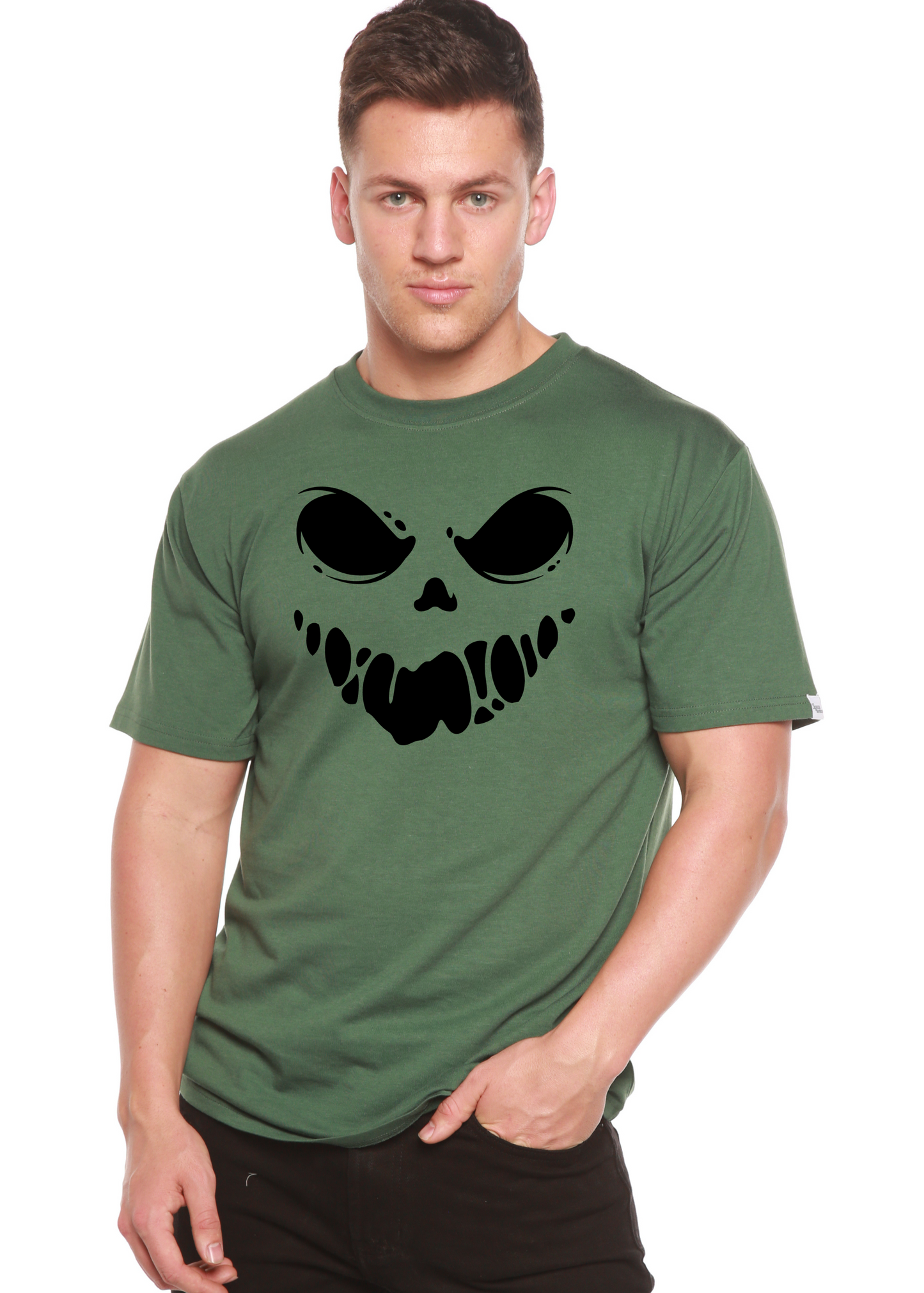 Men's dark green short sleeve graphic T-shirt with black skull face print