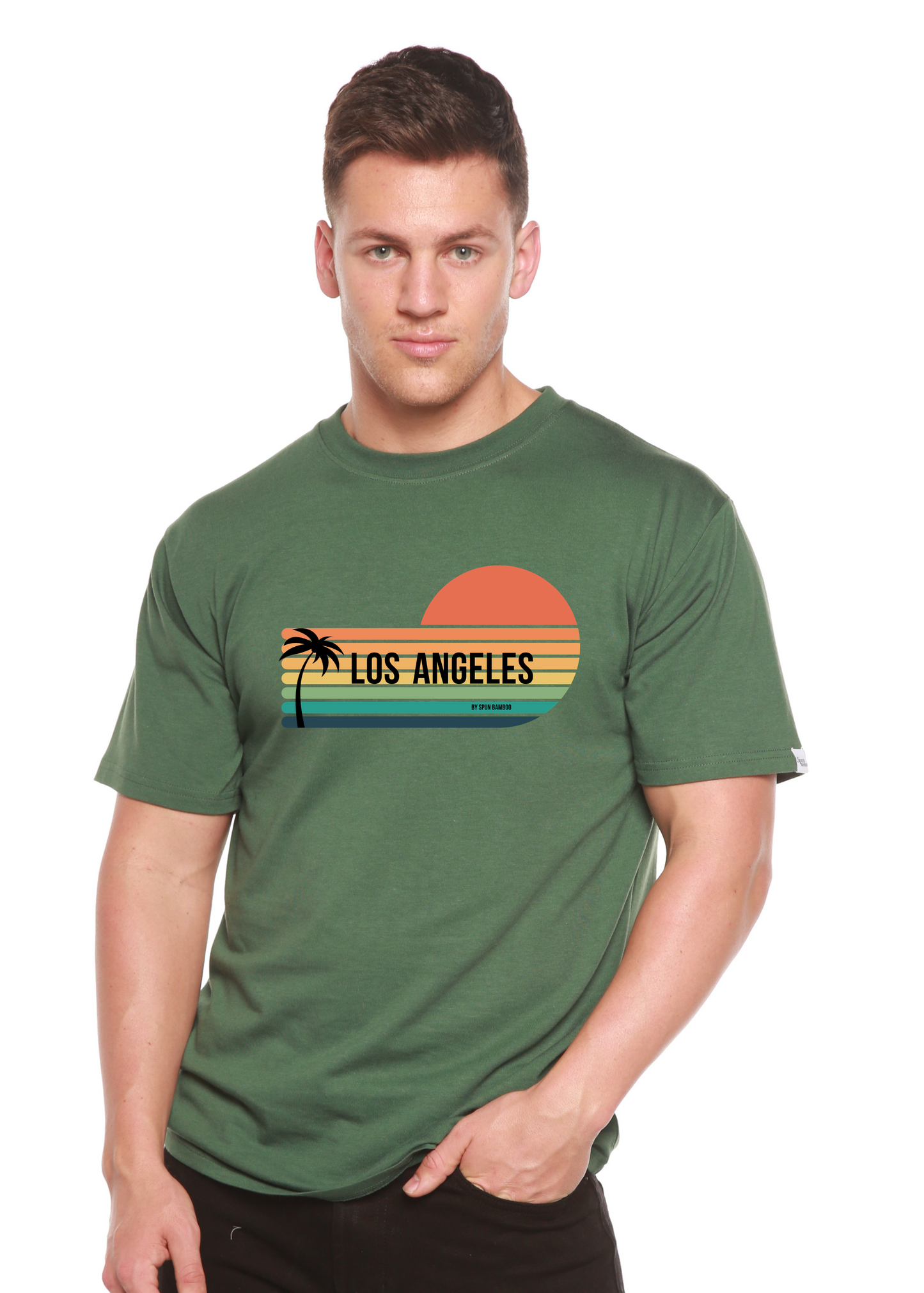 Unisex short-sleeve graphic T-shirt in dark green with Los Angeles sunset palm print