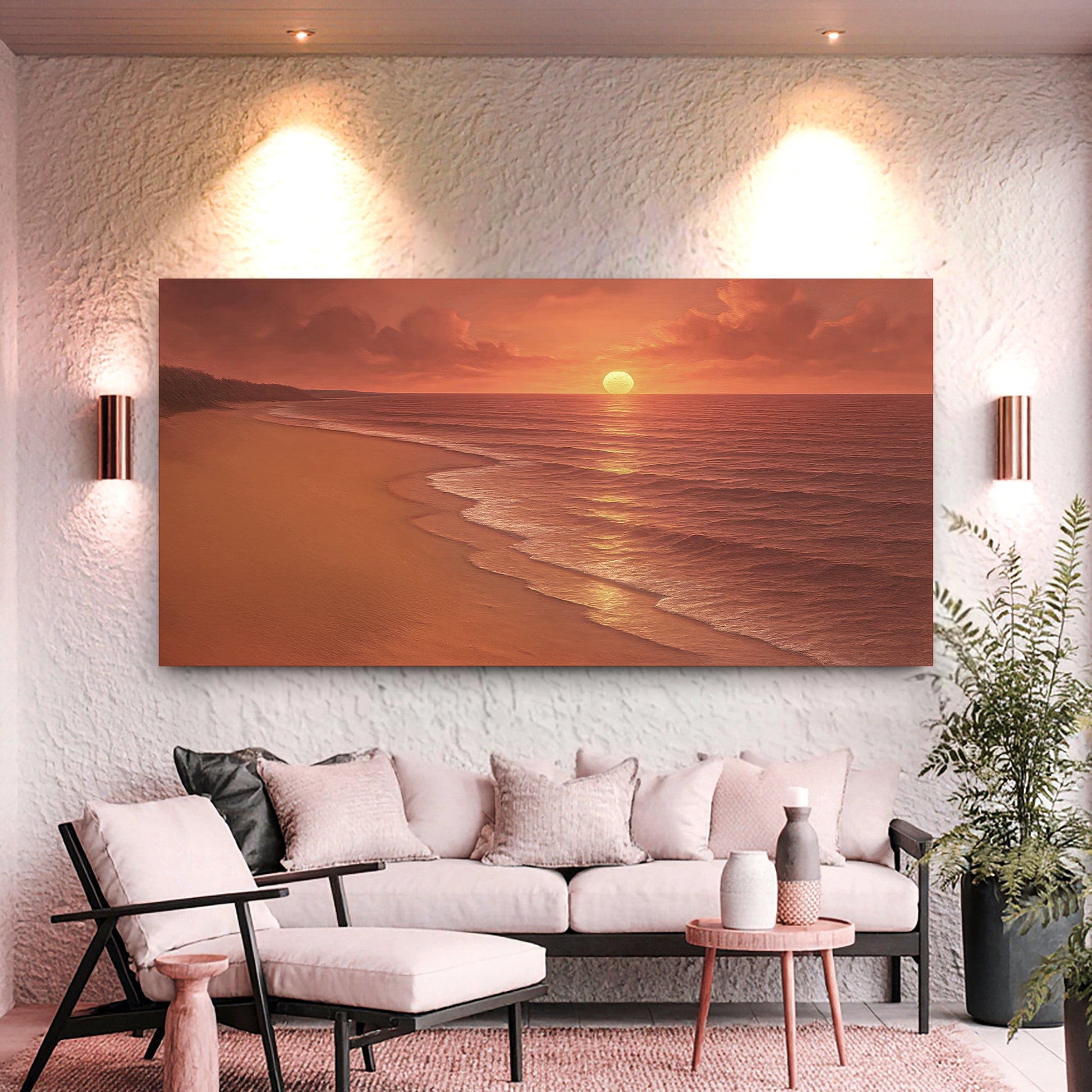 Coastal landscape canvas wall art showing a sunset beach with glowing sun and waves.