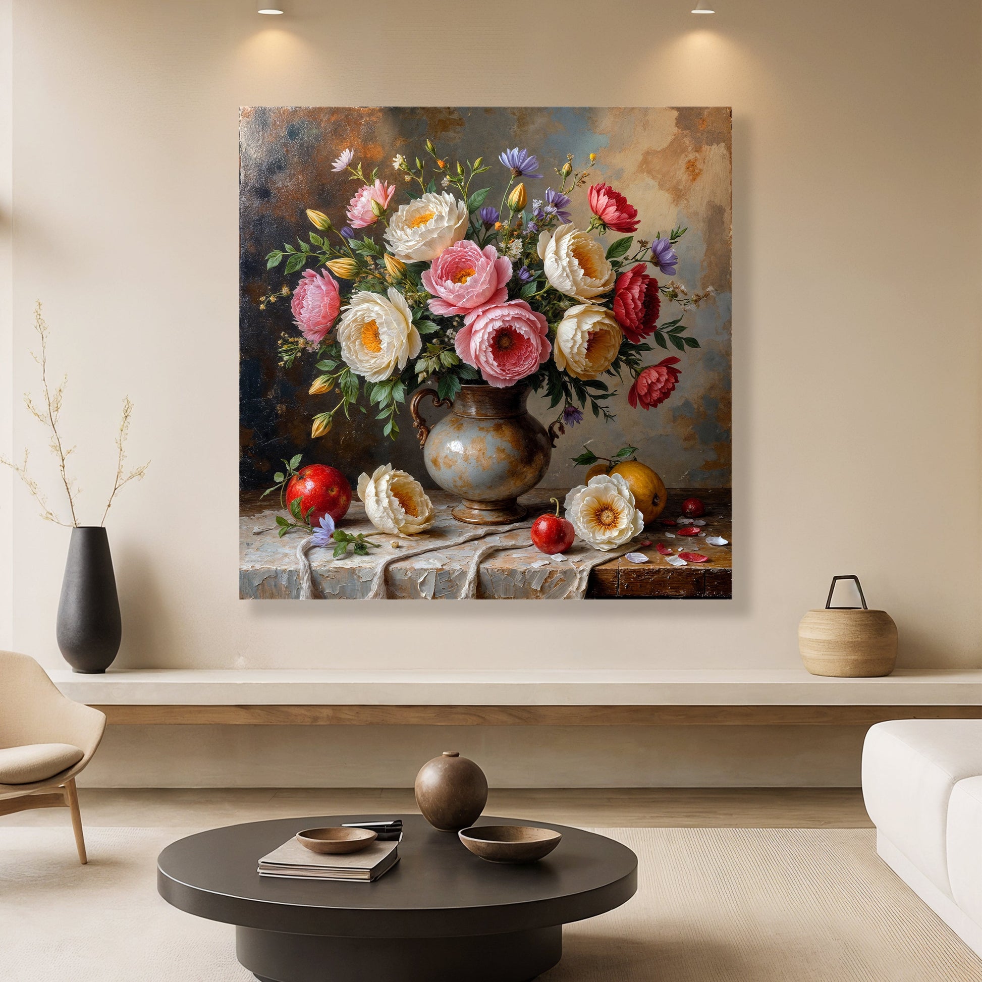 Floral vase wall art with colorful bouquet, bronze urn, and stone base background