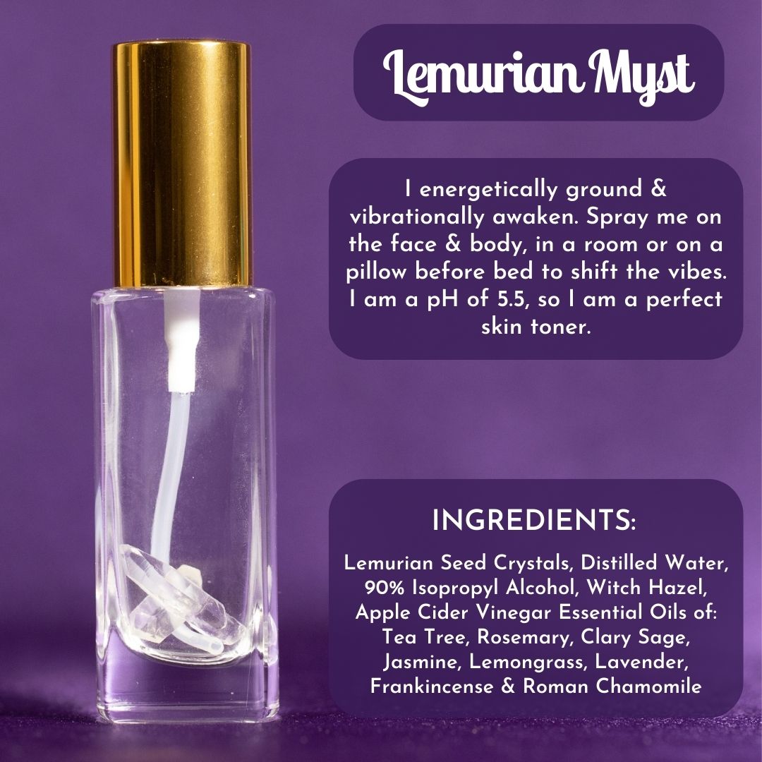 Lemurian Myst spray bottle with gold pump cap and ingredients text panel
