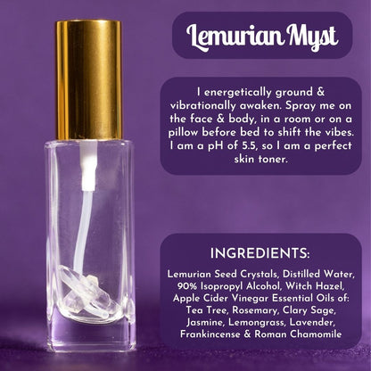 Lemurian Myst spray bottle with gold pump cap and ingredients text panel