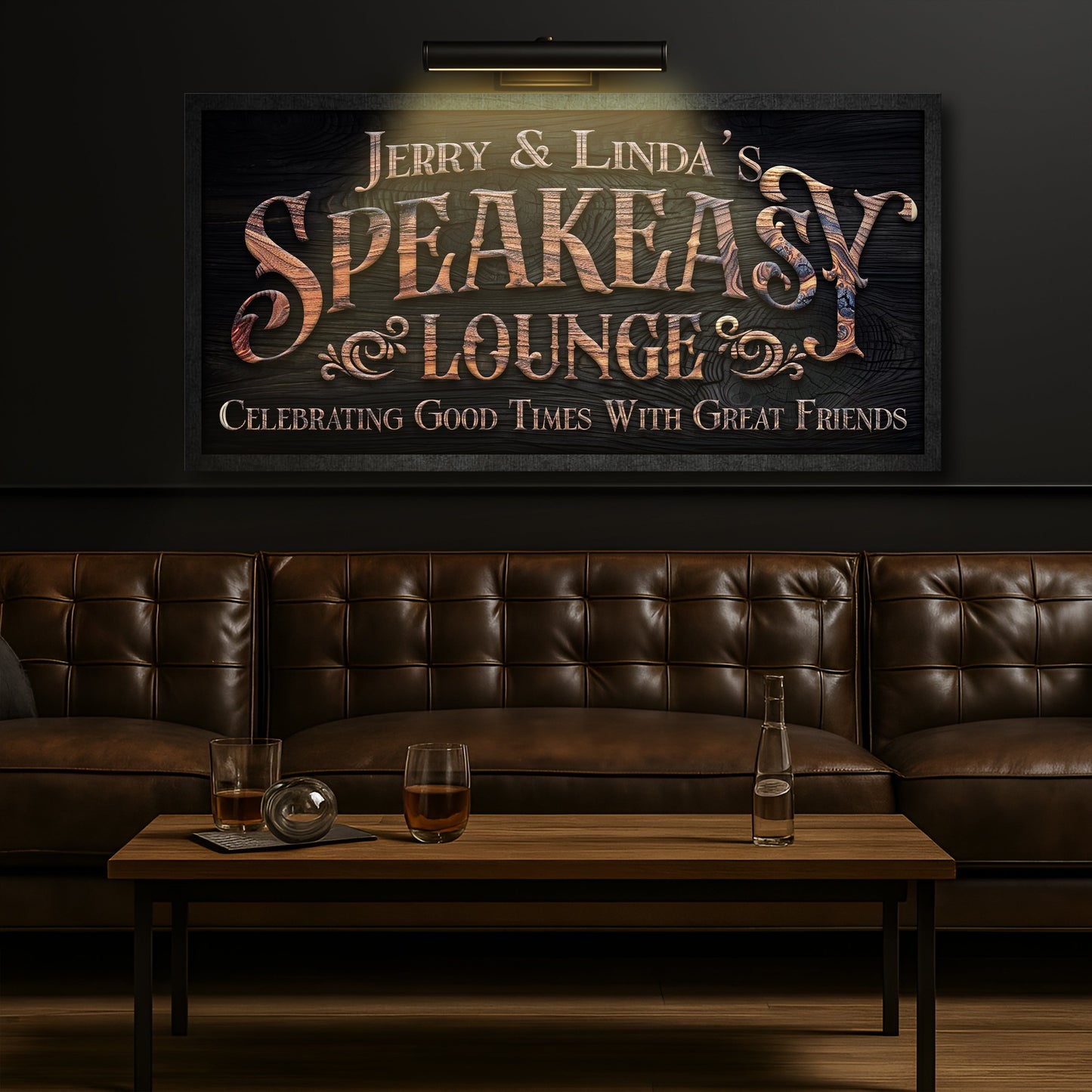 Speakeasy lounge wall sign above a dark tufted booth with a small coffee table
