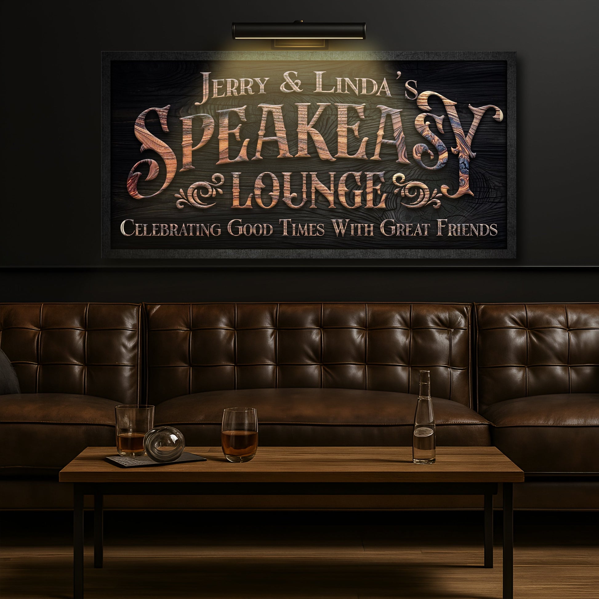 Speakeasy lounge wall sign above a dark tufted booth with a small coffee table