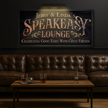 Speakeasy lounge wall sign above a dark tufted booth with a small coffee table