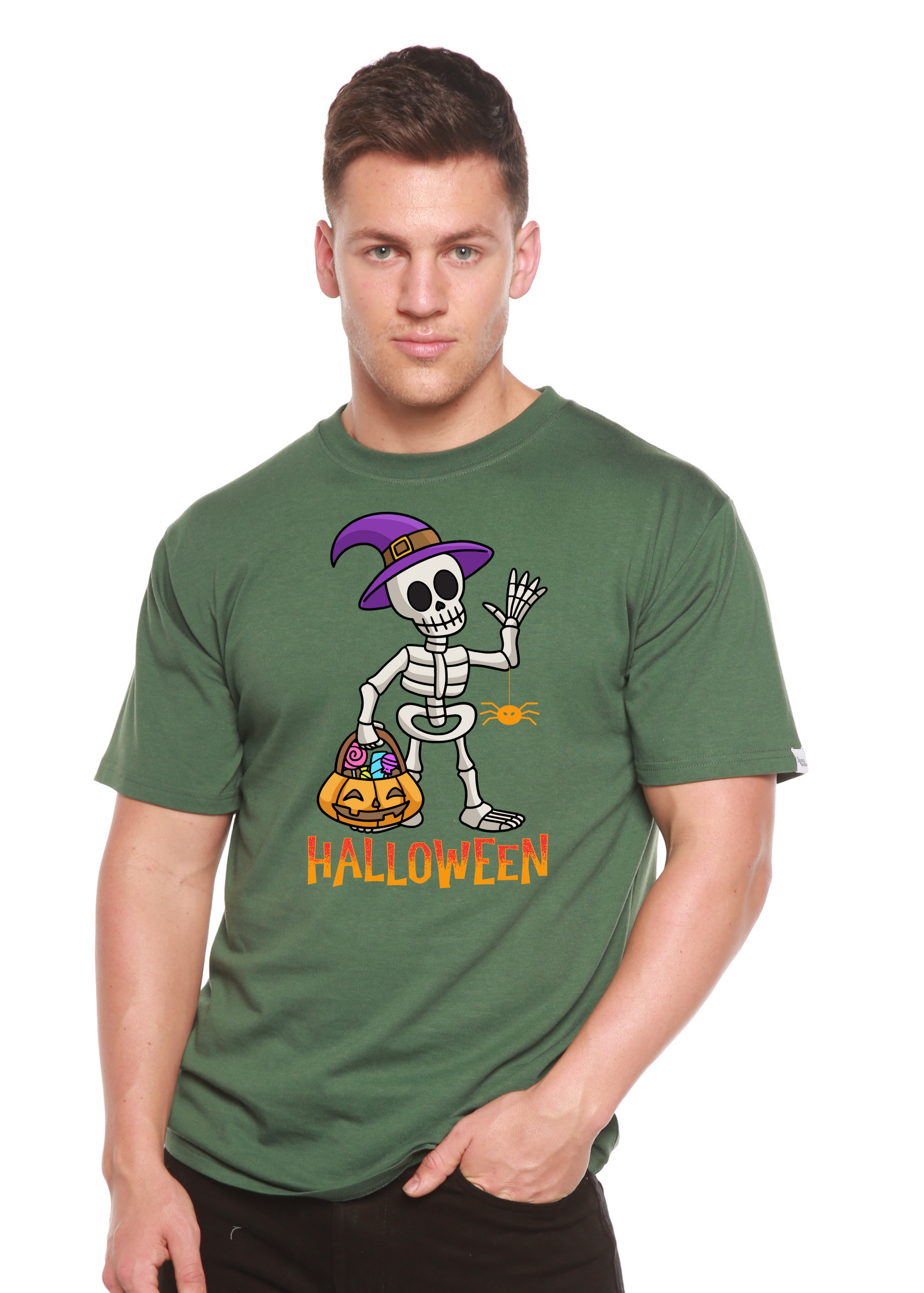 Green unisex crewneck T-shirt with short sleeves; Halloween skeleton graphic center front