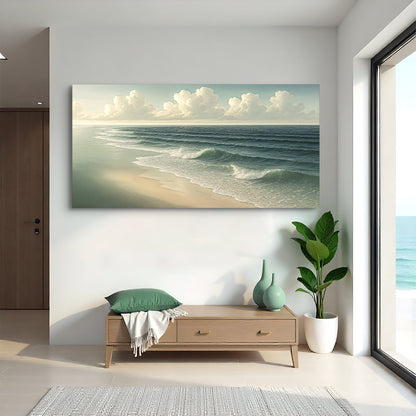 Beach shoreline canvas wall art featuring ocean surf, pale sand, and partly cloudy sky