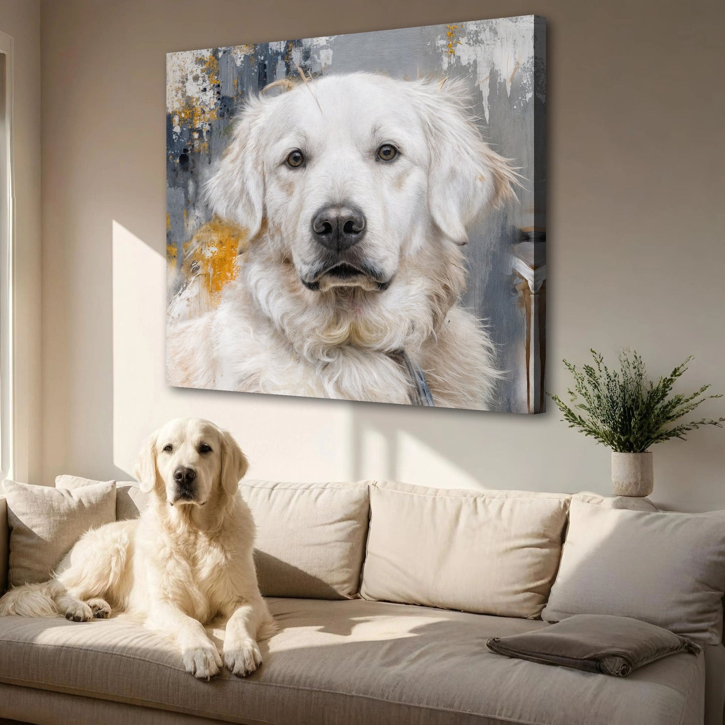 White dog portrait canvas with blue and gold abstract splatter design
