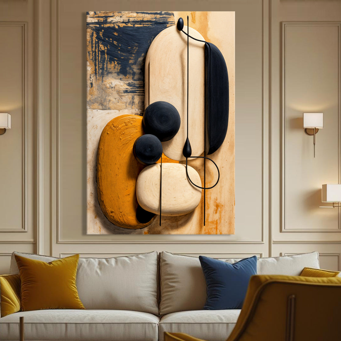 Abstract wall art canvas with cream, orange, and dark blue curved shapes and circles