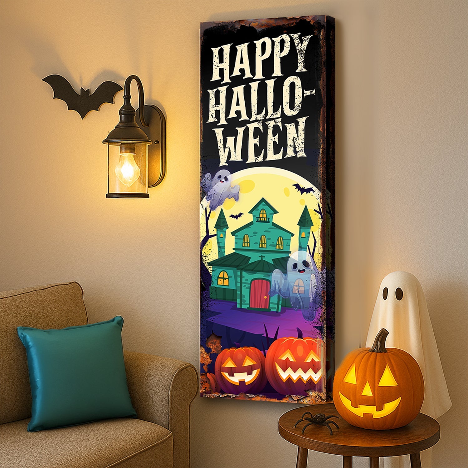 Halloween welcome sign canvas on wall beside carved jack-o'-lanterns and ghost decor