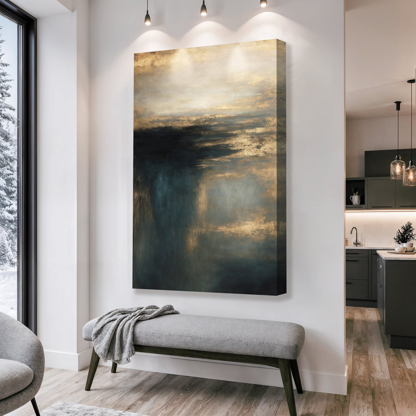 Abstract landscape wall art canvas in vertical layout with teal and gold color blend