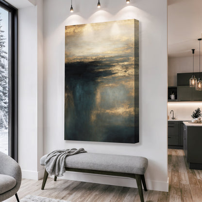 Abstract landscape wall art canvas in vertical layout with teal and gold color blend