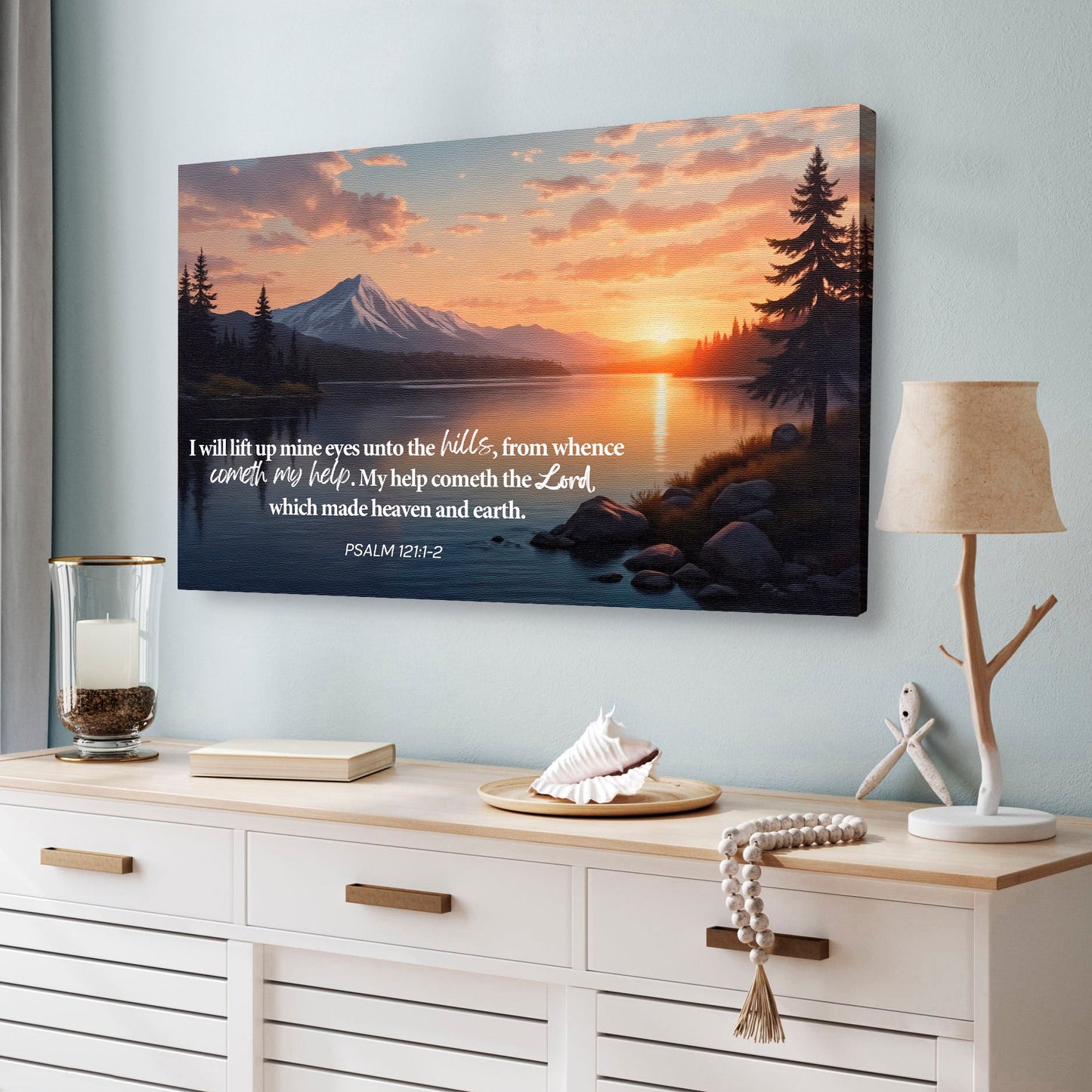 Faith wall canvas with mountain lake sunrise artwork and Psalm 121:1-2 verse