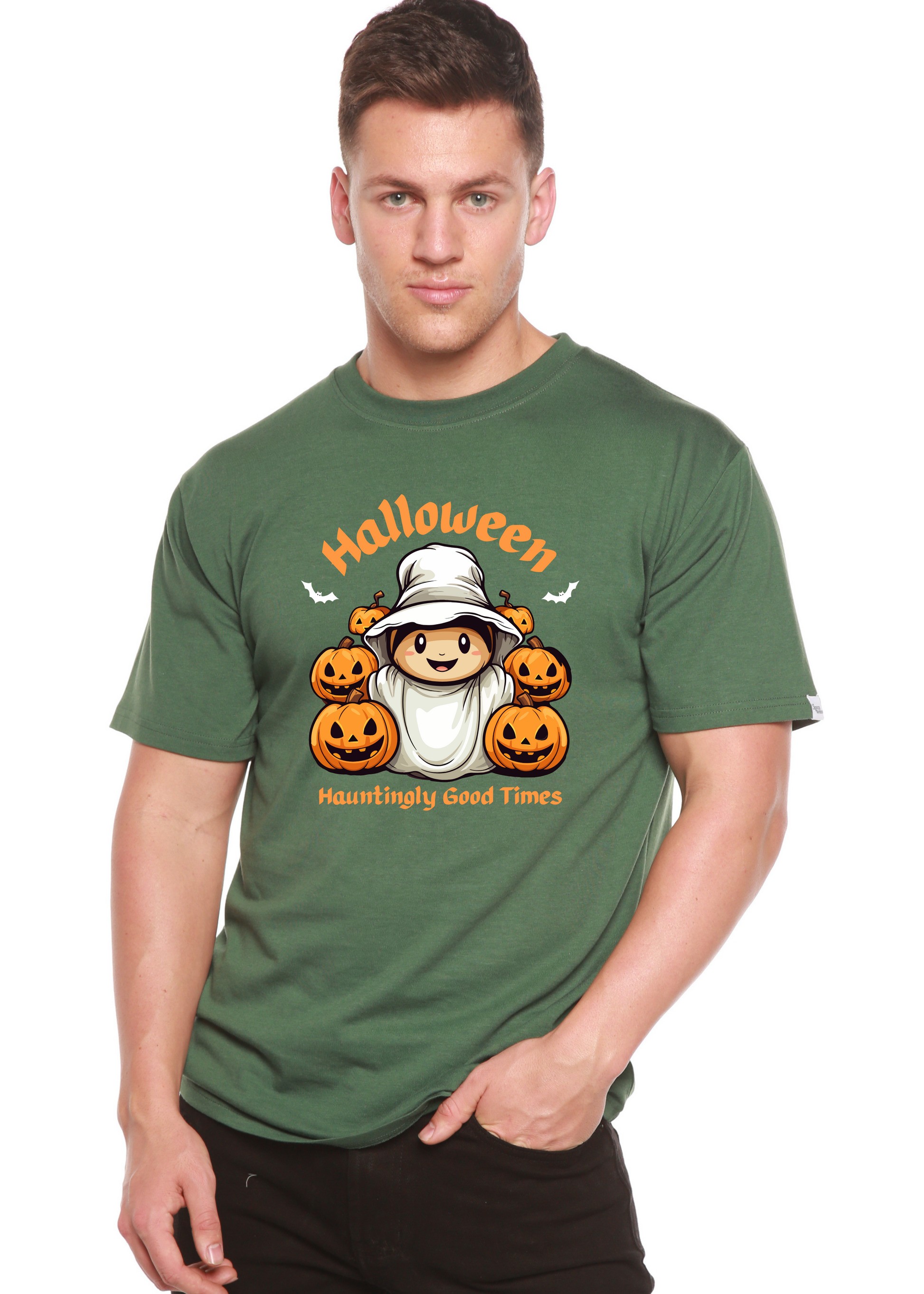 Men's green Halloween graphic short sleeve T-shirt with pumpkins and ghost illustration