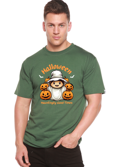 Men's green Halloween graphic short sleeve T-shirt with pumpkins and ghost illustration