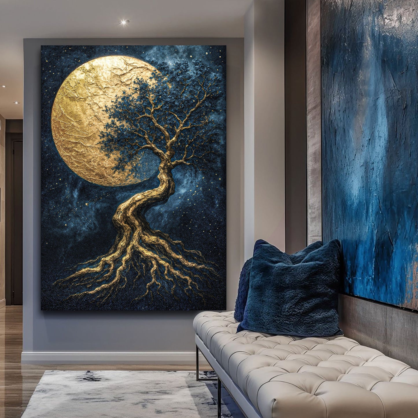 Tree of Life wall art on a light wall: gold moon, blue night, and golden tree lines