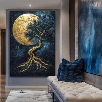 Tree of Life wall art on a light wall: gold moon, blue night, and golden tree lines