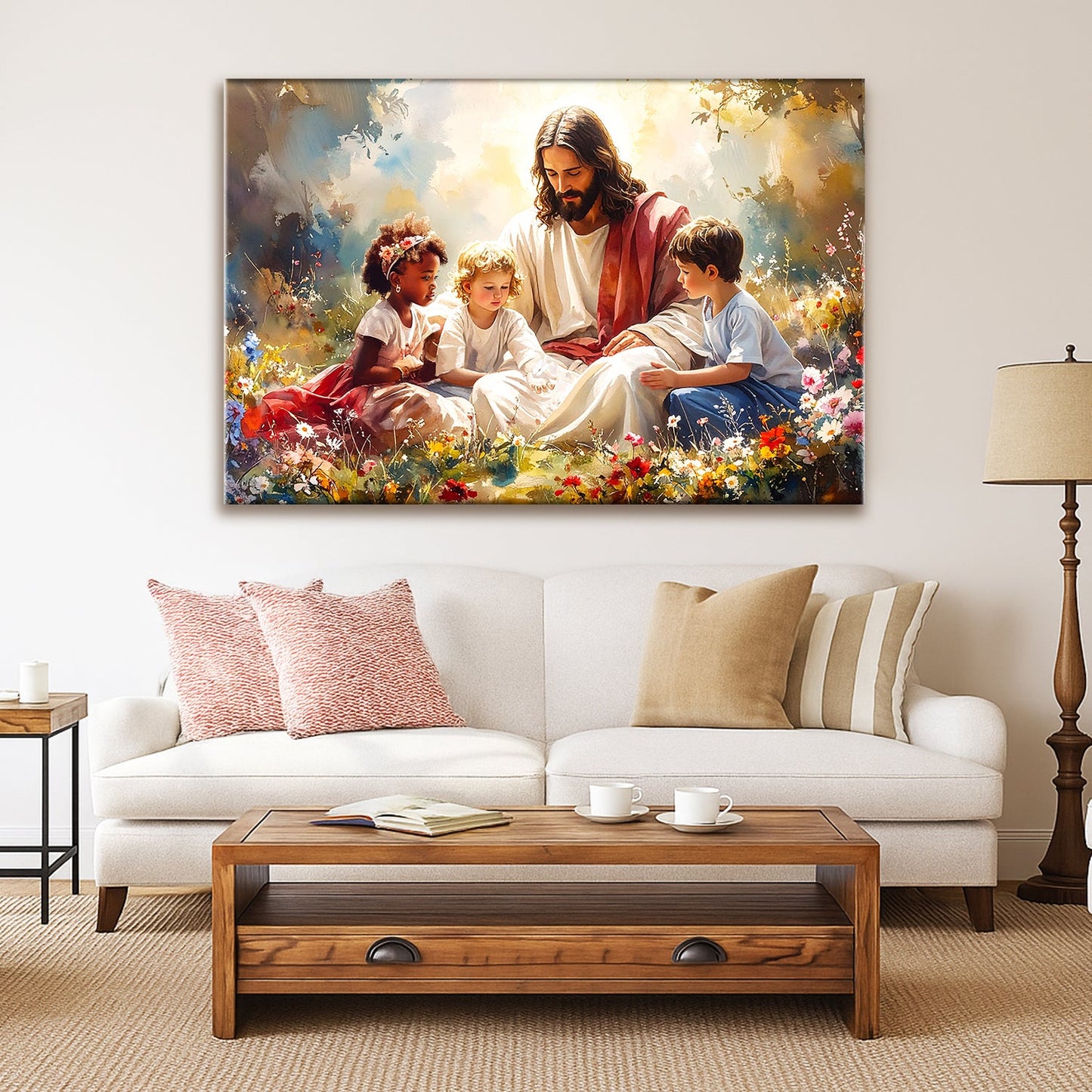 Framed Jesus and children wall art with flowers and soft sky tones