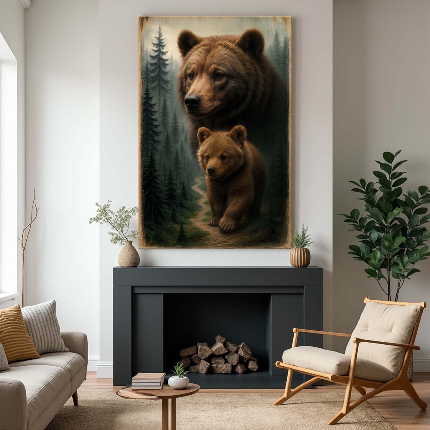 Bear and cub wall art canvas with forest trees and a wooded path in brown tones