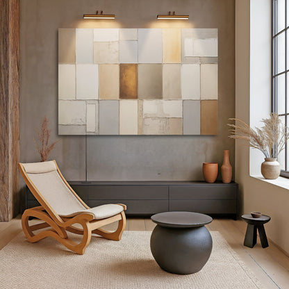 Beige, gray, and gold geometric patchwork canvas wall art with bricklike square tiles
