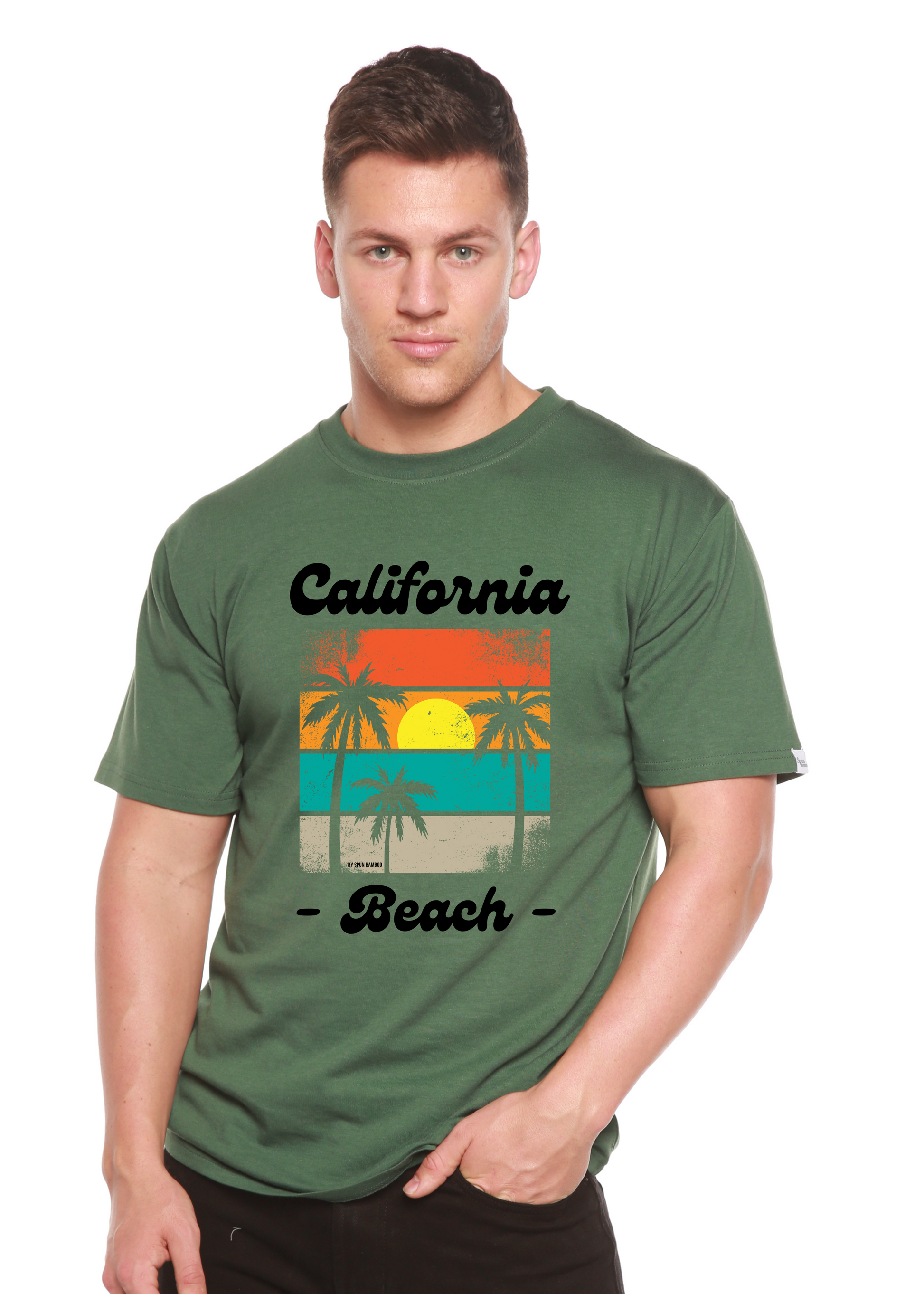 Unisex graphic T-shirt, green with 'California Beach' palm print