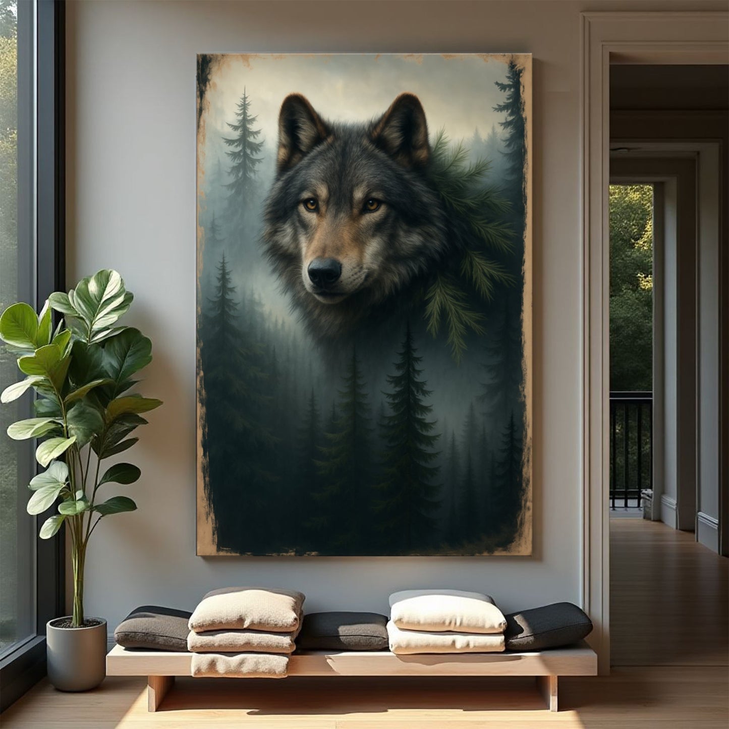 Framed wolf and pine forest double exposure wall art canvas