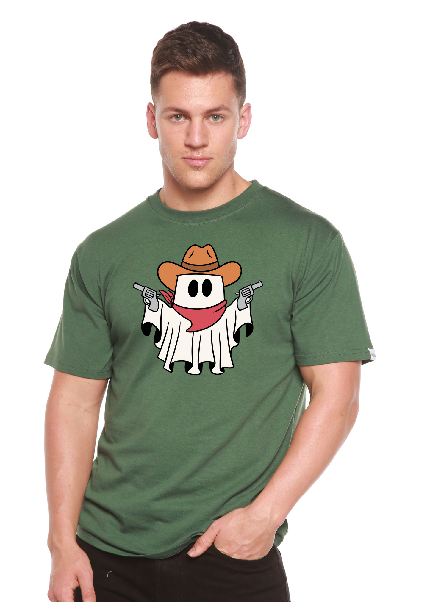 Green short-sleeve graphic T-shirt with cowboy ghost illustration