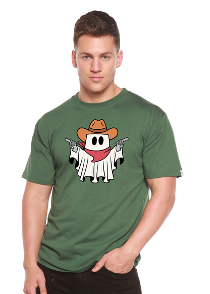 Green short-sleeve graphic T-shirt with cowboy ghost illustration