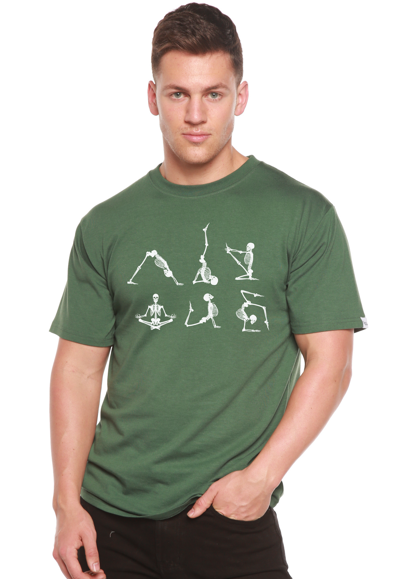 Men's dark green short sleeve graphic t-shirt with white skeleton yoga artwork