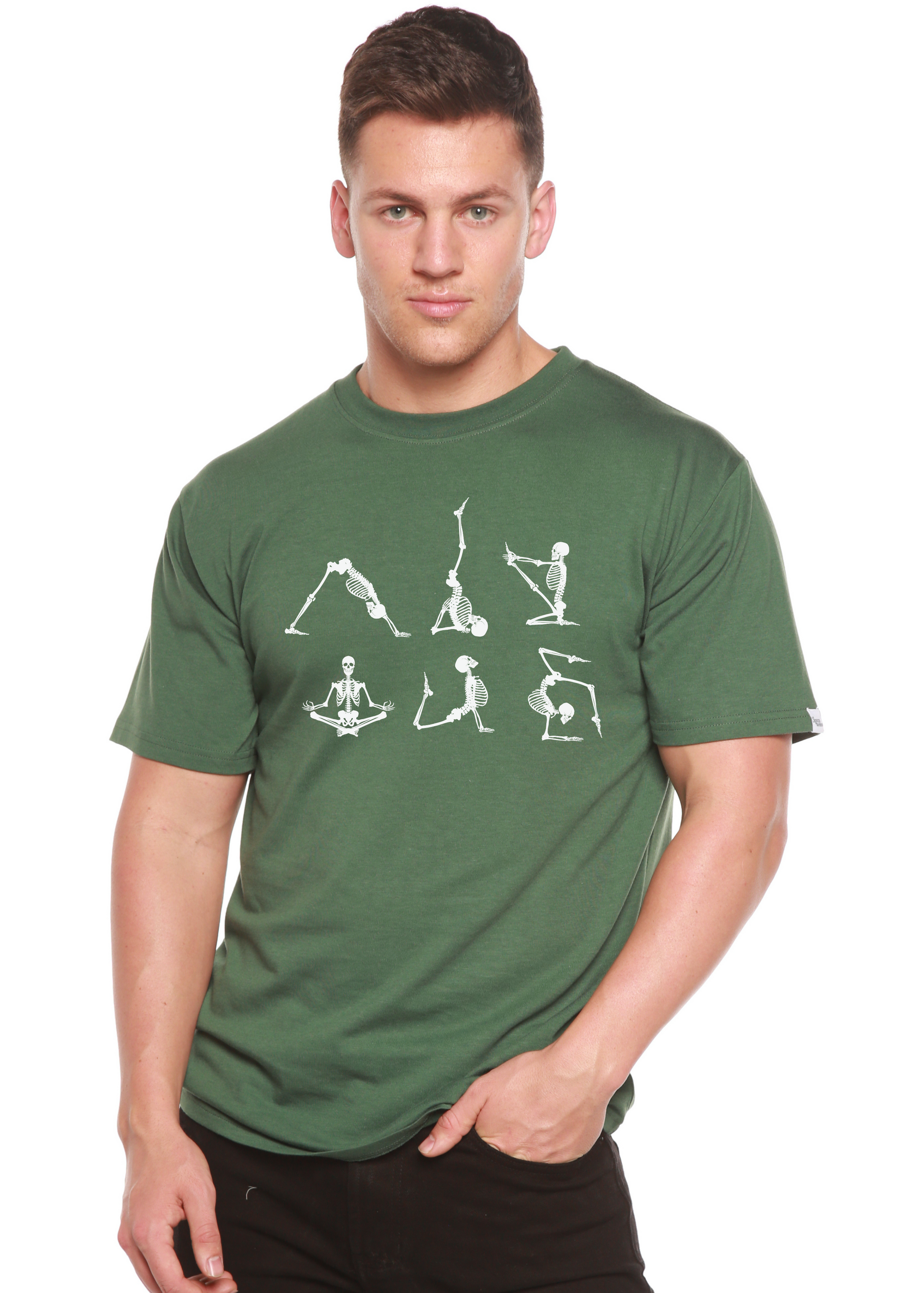 Men's dark green short sleeve graphic t-shirt with white skeleton yoga artwork